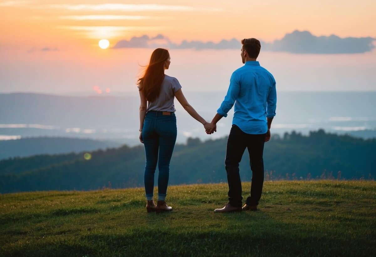 A couple standing on a hill, holding hands and looking at a sunset over a serene landscape