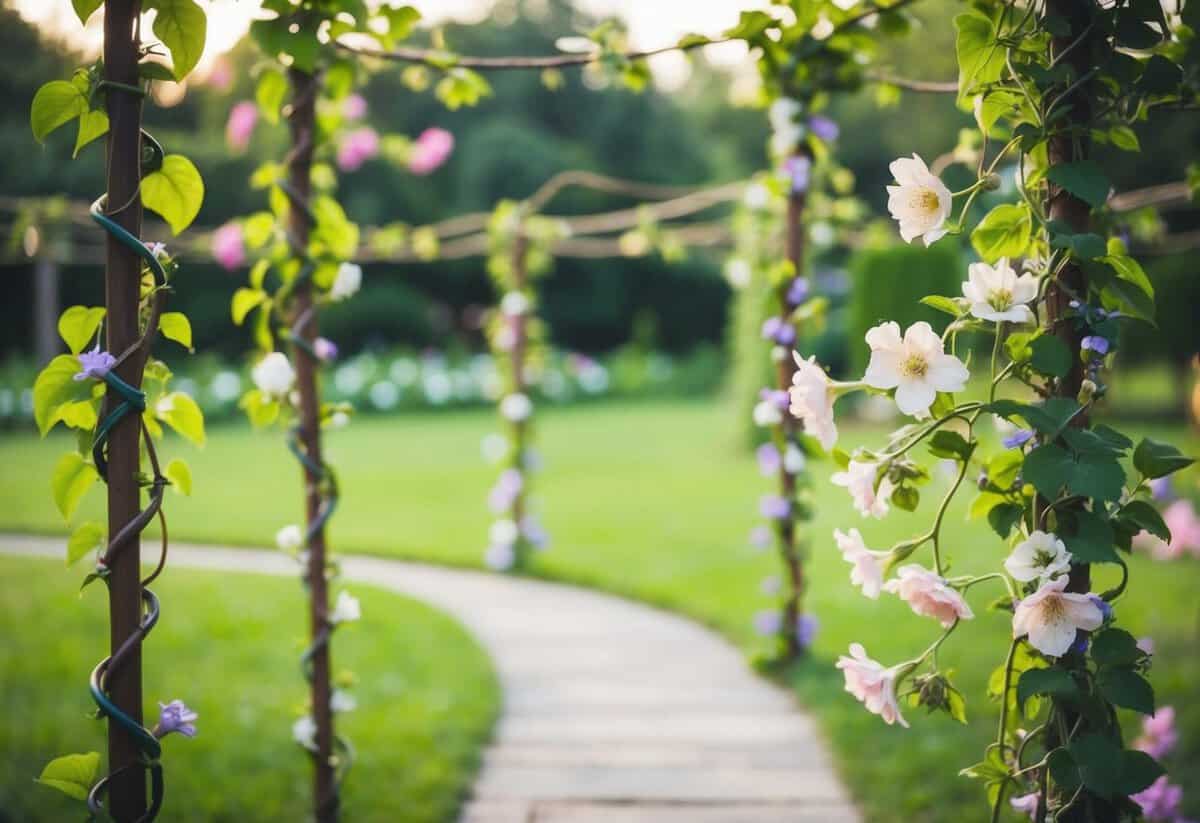 A serene garden with intertwined vines and blooming flowers symbolizing the interconnected journey of marriage