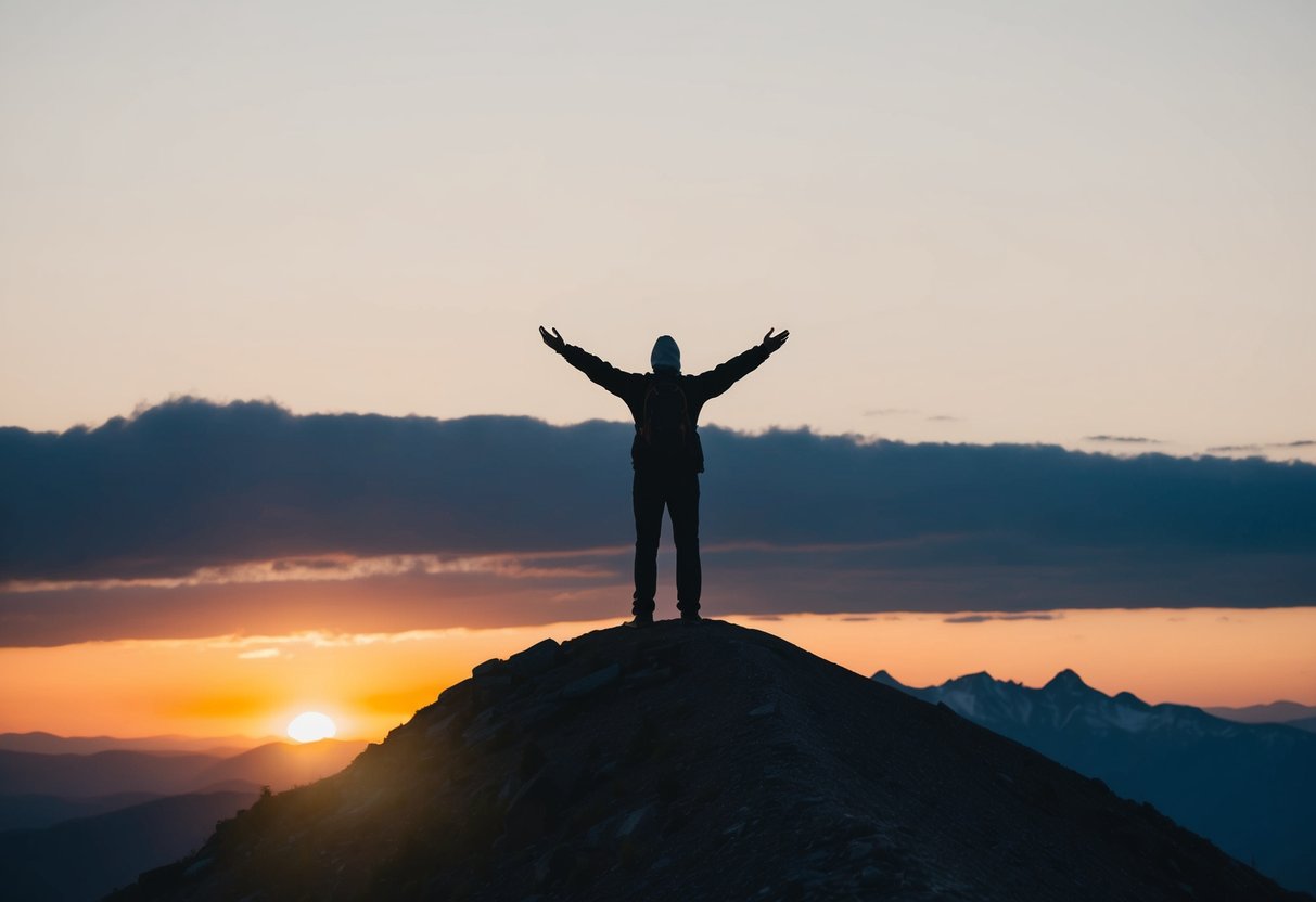 A lone figure stands atop a mountain peak, arms outstretched to the sky, as the sun sets behind them, casting a warm glow over the landscape
