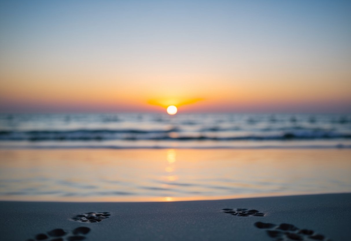 A serene sunset over a tranquil beach, with two sets of footprints leading towards the horizon