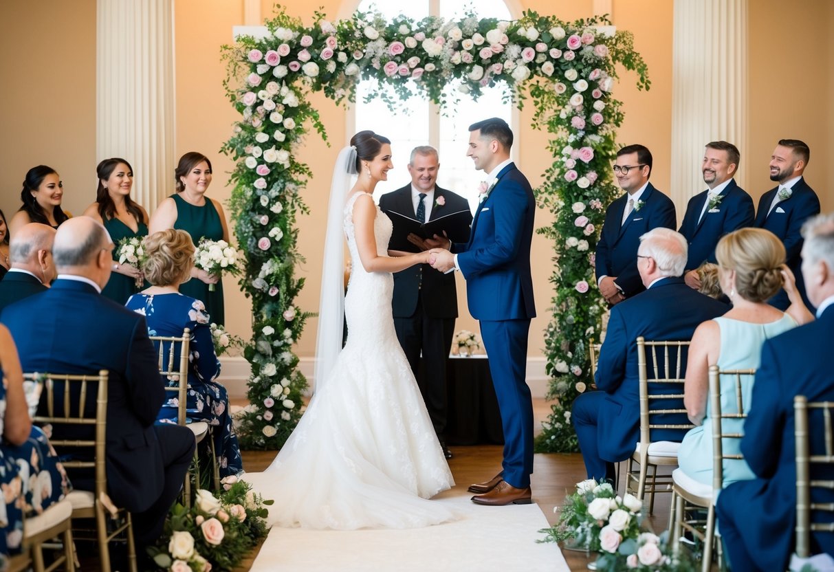 A bride and groom standing beneath a floral arch, exchanging vows with guests seated in rows