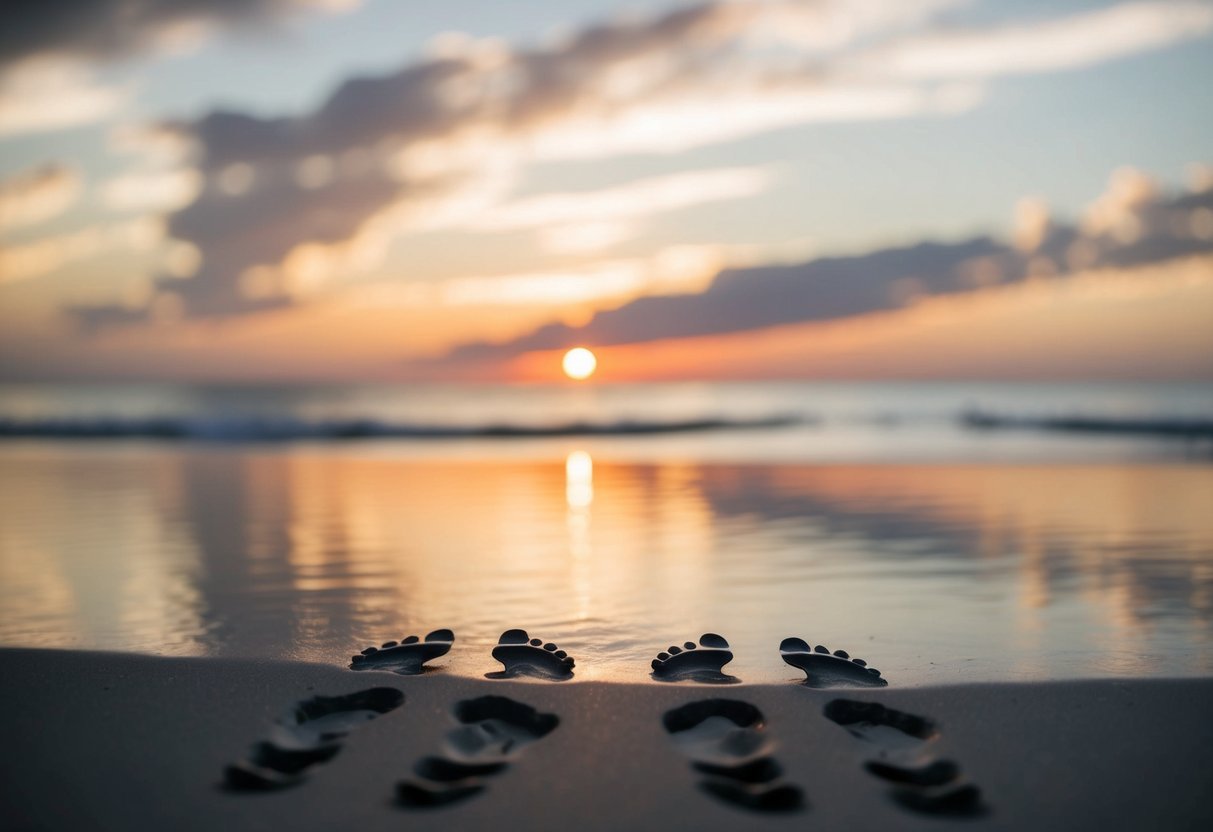 A serene sunset over a tranquil beach, with two sets of footprints leading towards the horizon, symbolizing the couple’s journey together