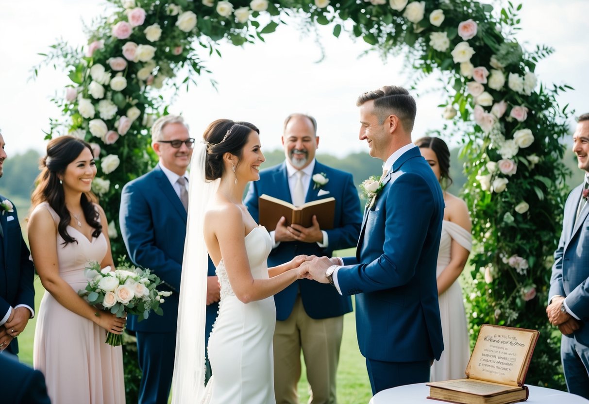 A bride and groom exchanging vows under a floral arch, surrounded by family and friends, with a vintage book of classic wedding quotes on a nearby table