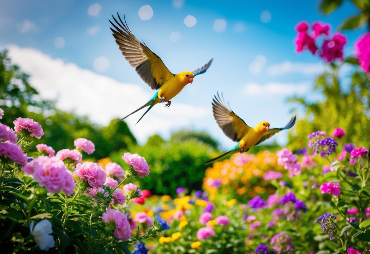 A vibrant garden with blooming flowers and a pair of lovebirds soaring through the sky