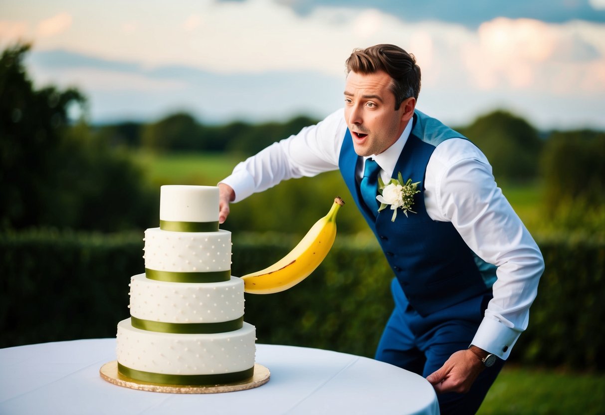 A groom slipping on a banana peel while trying to carry a towering wedding cake
