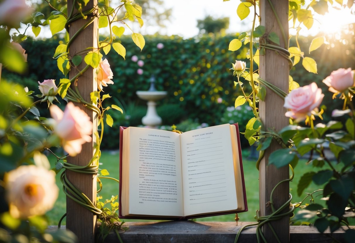 A serene, sunlit garden with intertwined vines and blooming roses, framing a vintage wedding vow book open to a page with classic marriage lines