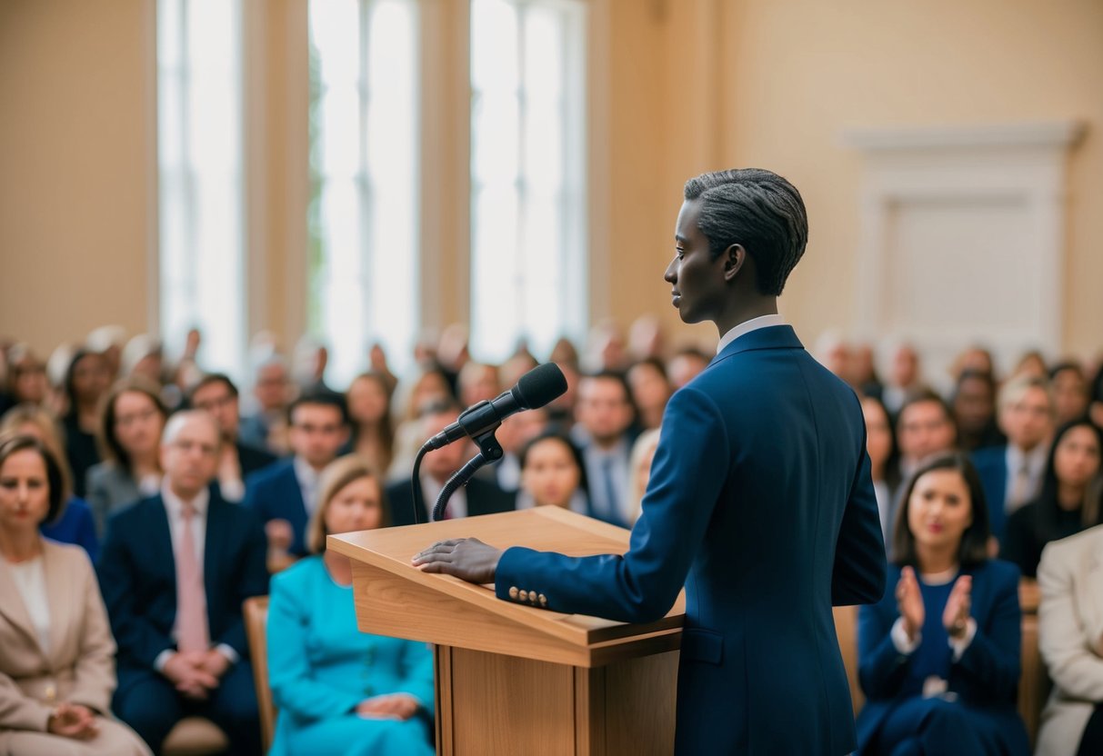 A figure standing confidently at a podium, facing an attentive audience in a well-lit room