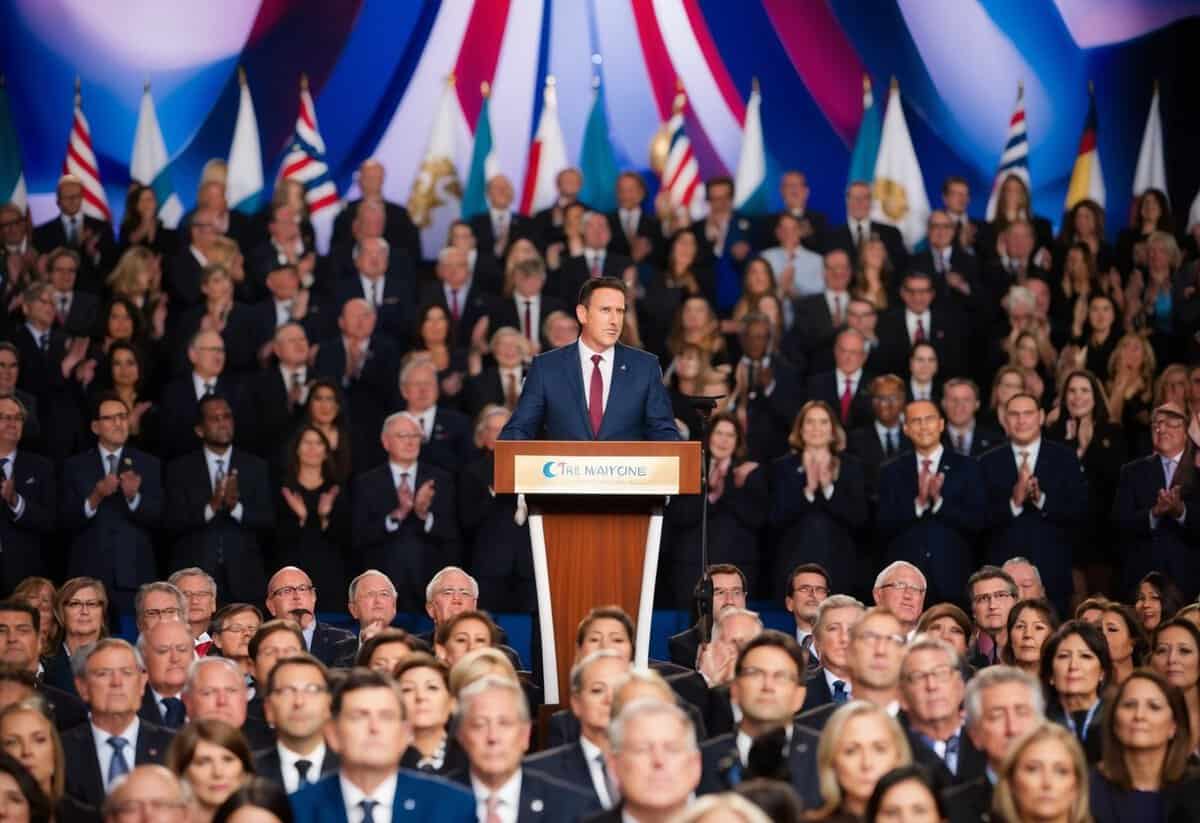 A podium surrounded by a sea of eager faces, a microphone standing ready, and a backdrop of fluttering flags