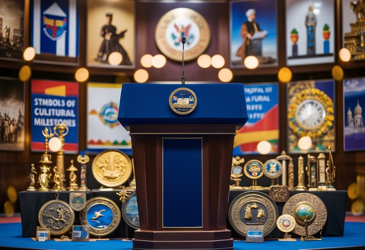 A podium adorned with symbols of cultural milestones, surrounded by historical artifacts and diverse imagery