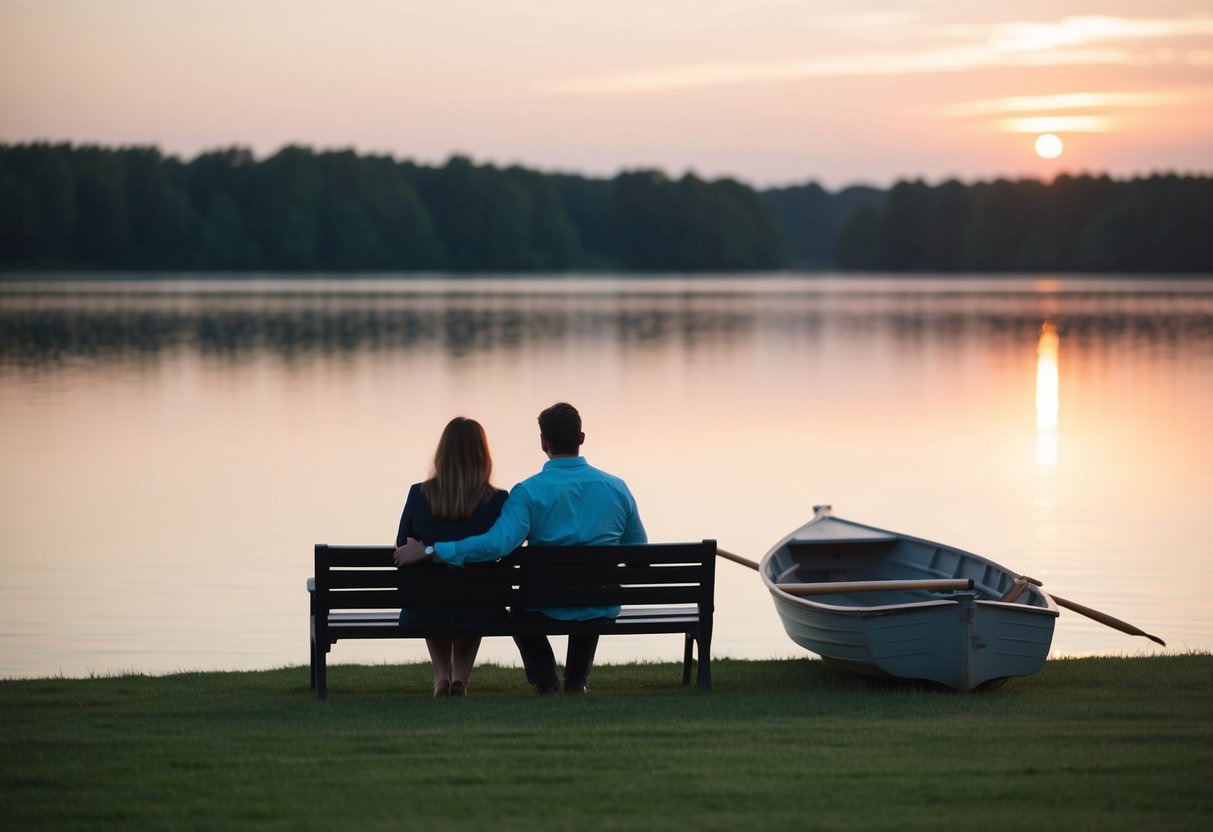 A couple sitting on a bench, watching the sunset over a calm lake, with a small rowboat tied to a nearby dock