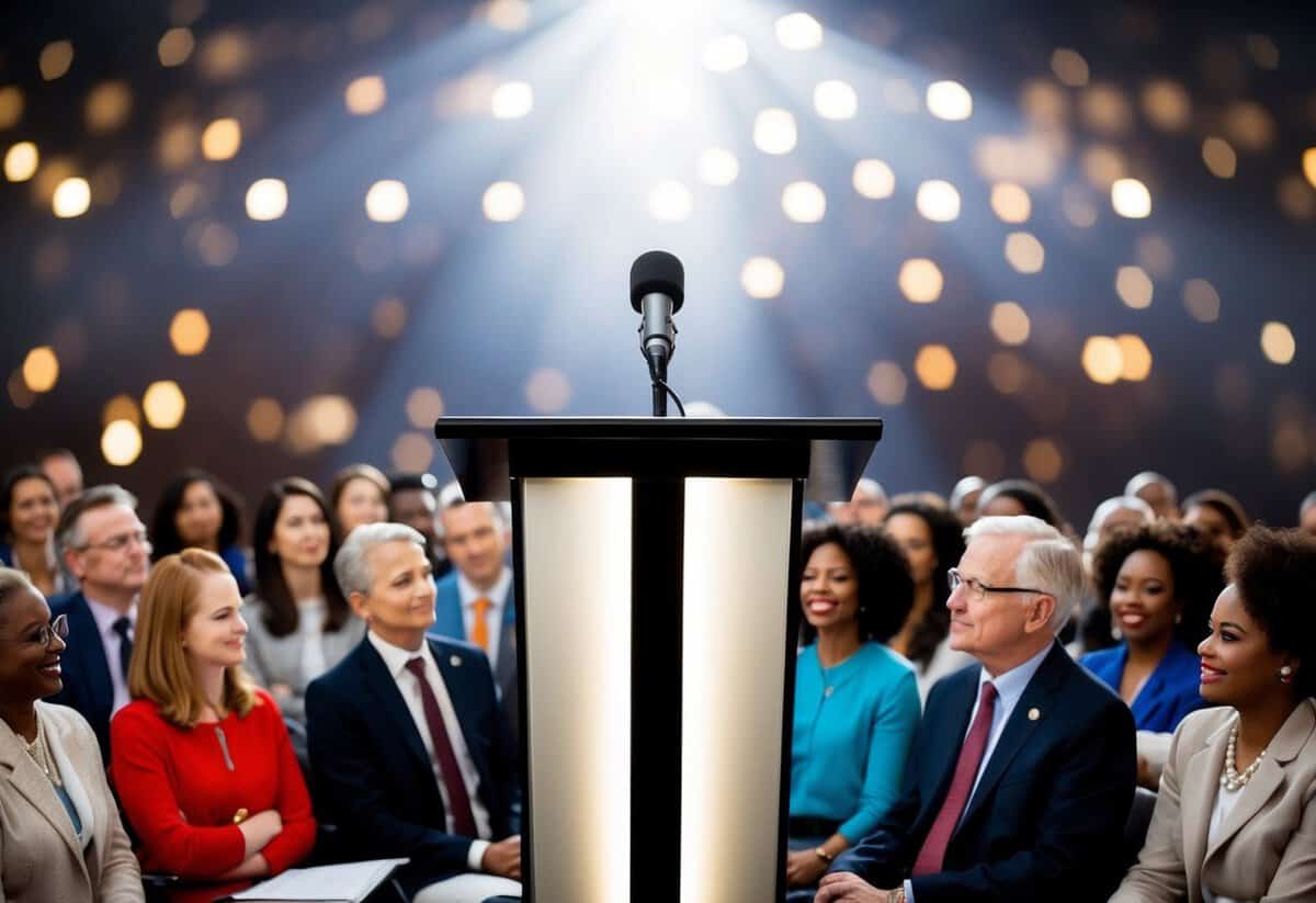 A podium with a microphone and a spotlight shining on it, surrounded by a diverse audience of attentive listeners