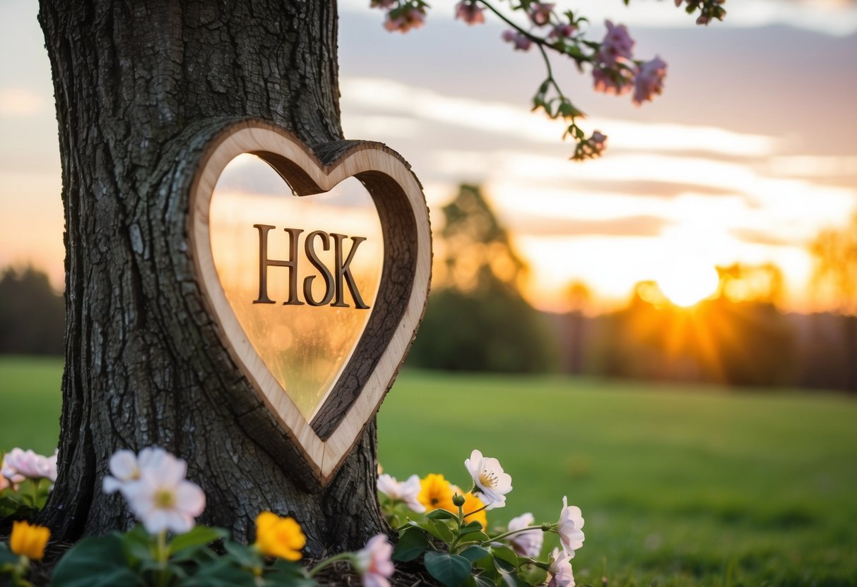 A heart-shaped tree carving with initials inside, surrounded by blooming flowers and a peaceful sunset