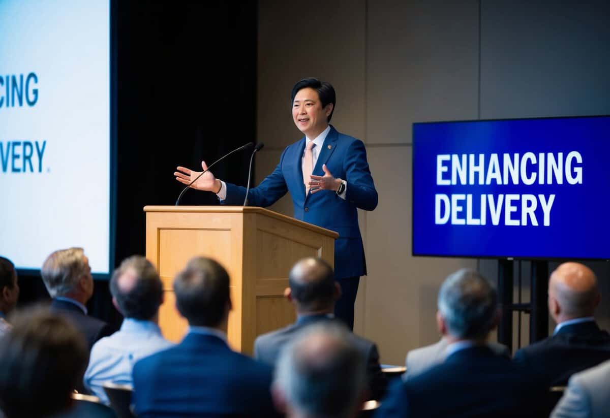 A person standing at a podium, gesturing confidently while speaking to an attentive audience. The backdrop includes a large screen displaying the words "Enhancing Delivery."
