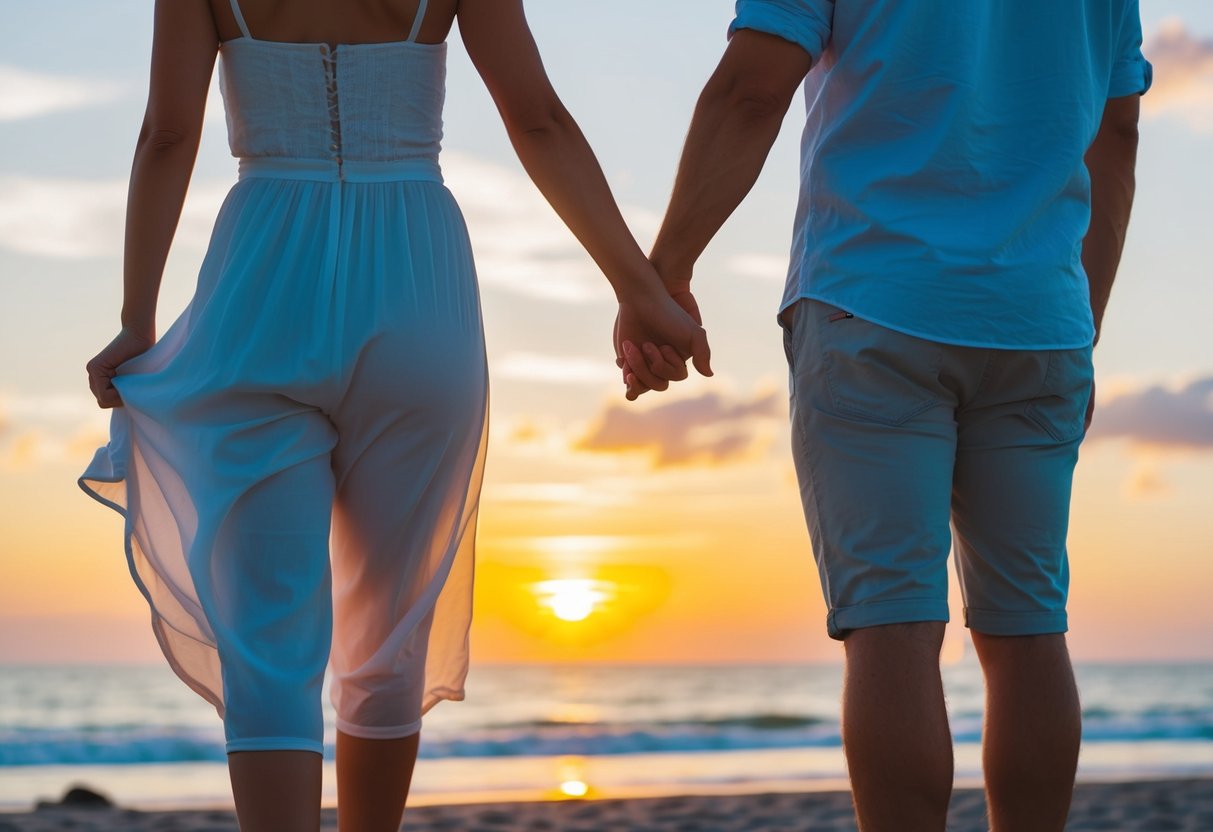 A couple standing on a beach at sunrise, holding hands and looking out at the horizon with a sense of hope and excitement