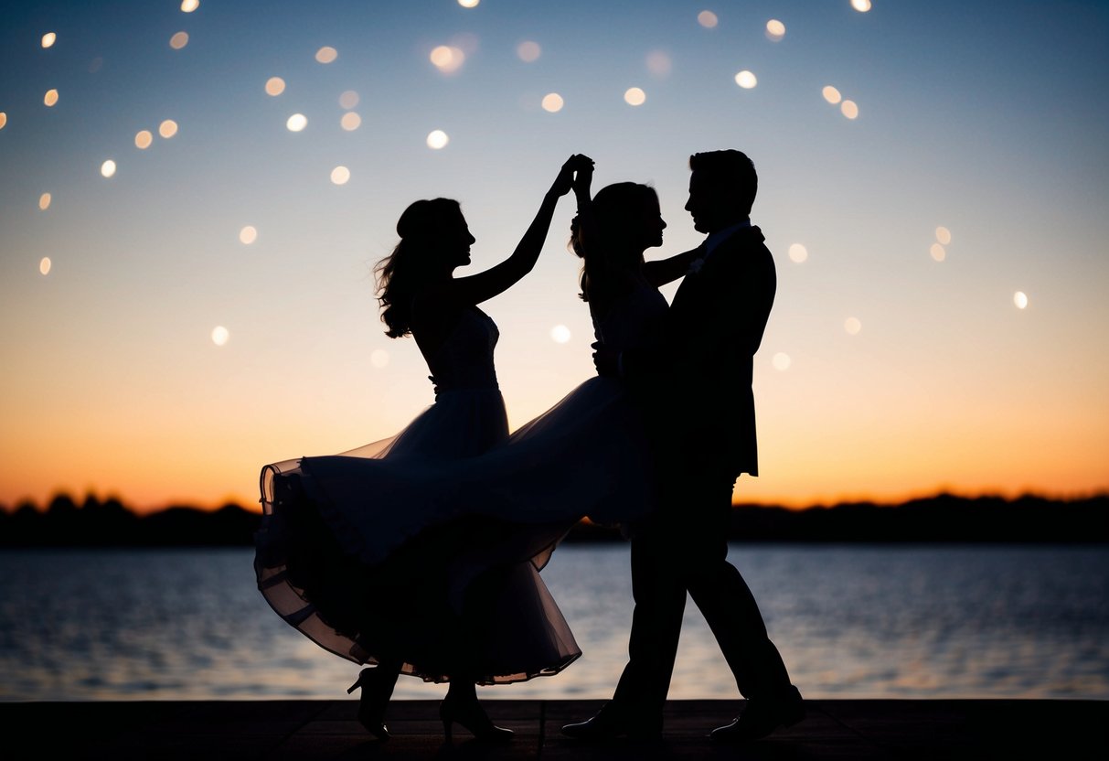 A couple dancing under the stars, their silhouettes entwined in a graceful and intimate embrace