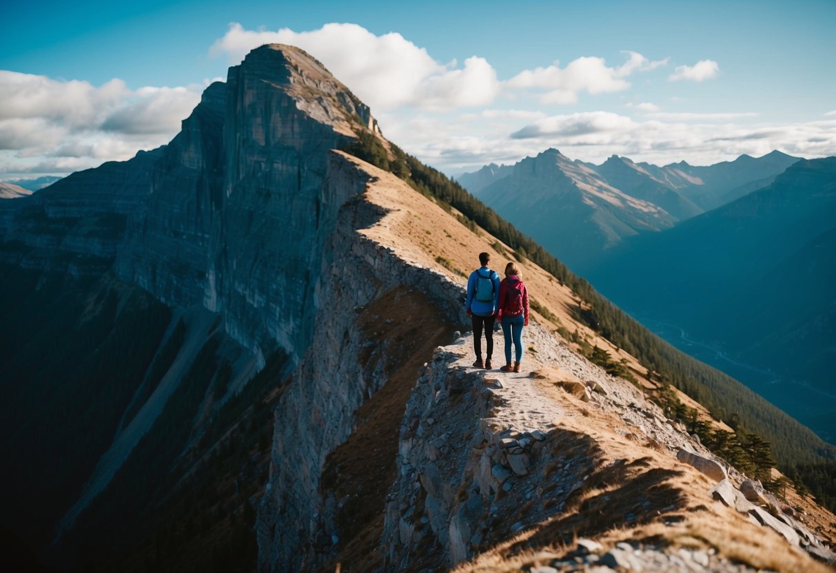 A couple standing at the edge of a steep mountain, gazing out at a challenging path ahead, with determination in their eyes
