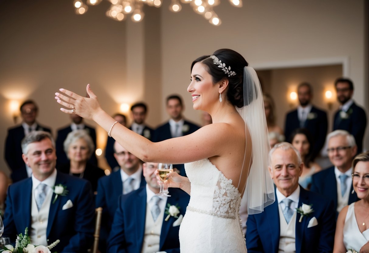 The bride gestures towards a group of guests, expressing gratitude in her speech