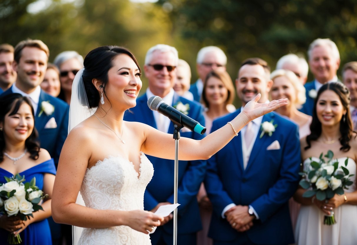 A bride stands at a microphone, surrounded by loved ones. She gestures with gratitude towards the crowd, her face beaming with joy and appreciation