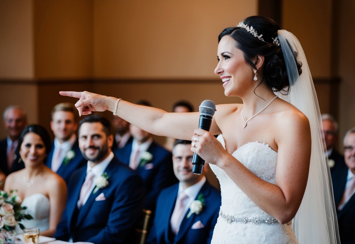 The bride gestures towards her loved ones, expressing gratitude in her speech