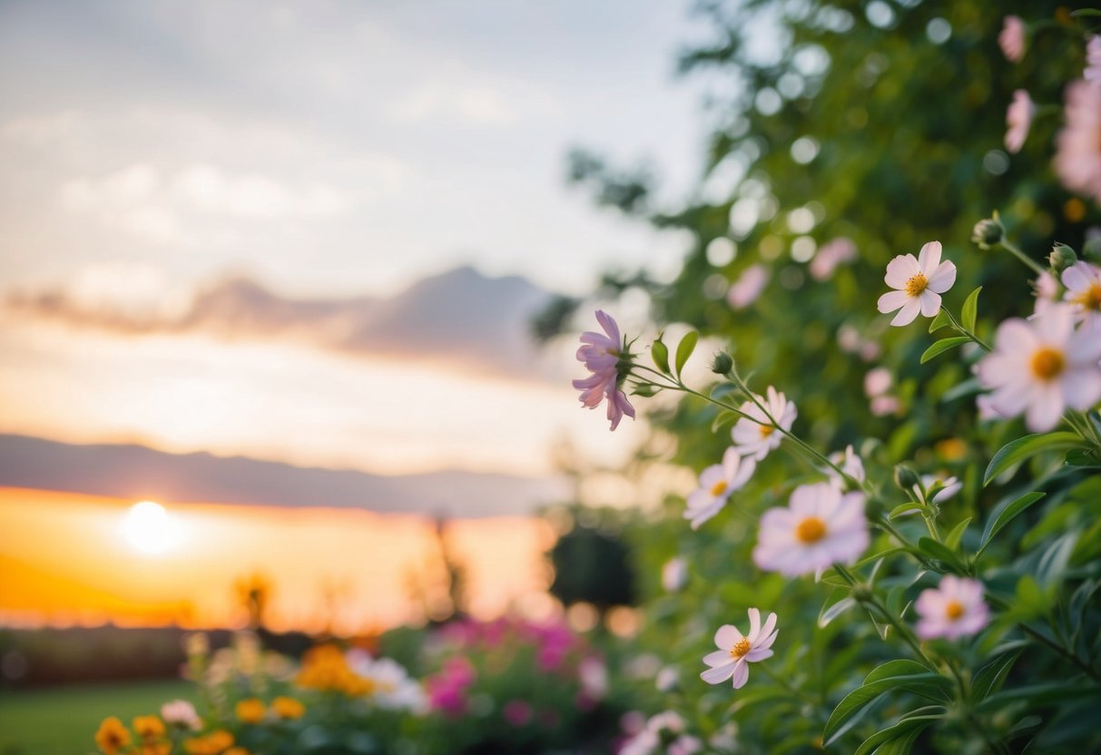 A serene garden with blooming flowers and a gentle breeze, set against a picturesque sunset