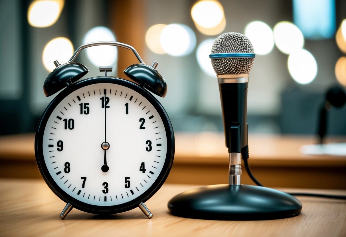 A timer set to 3 minutes, a podium, and a microphone