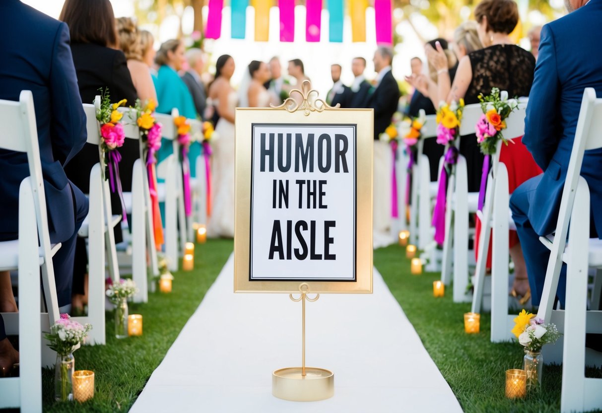 A festive wedding aisle with colorful decorations and a sign reading "Humor in the Aisle."