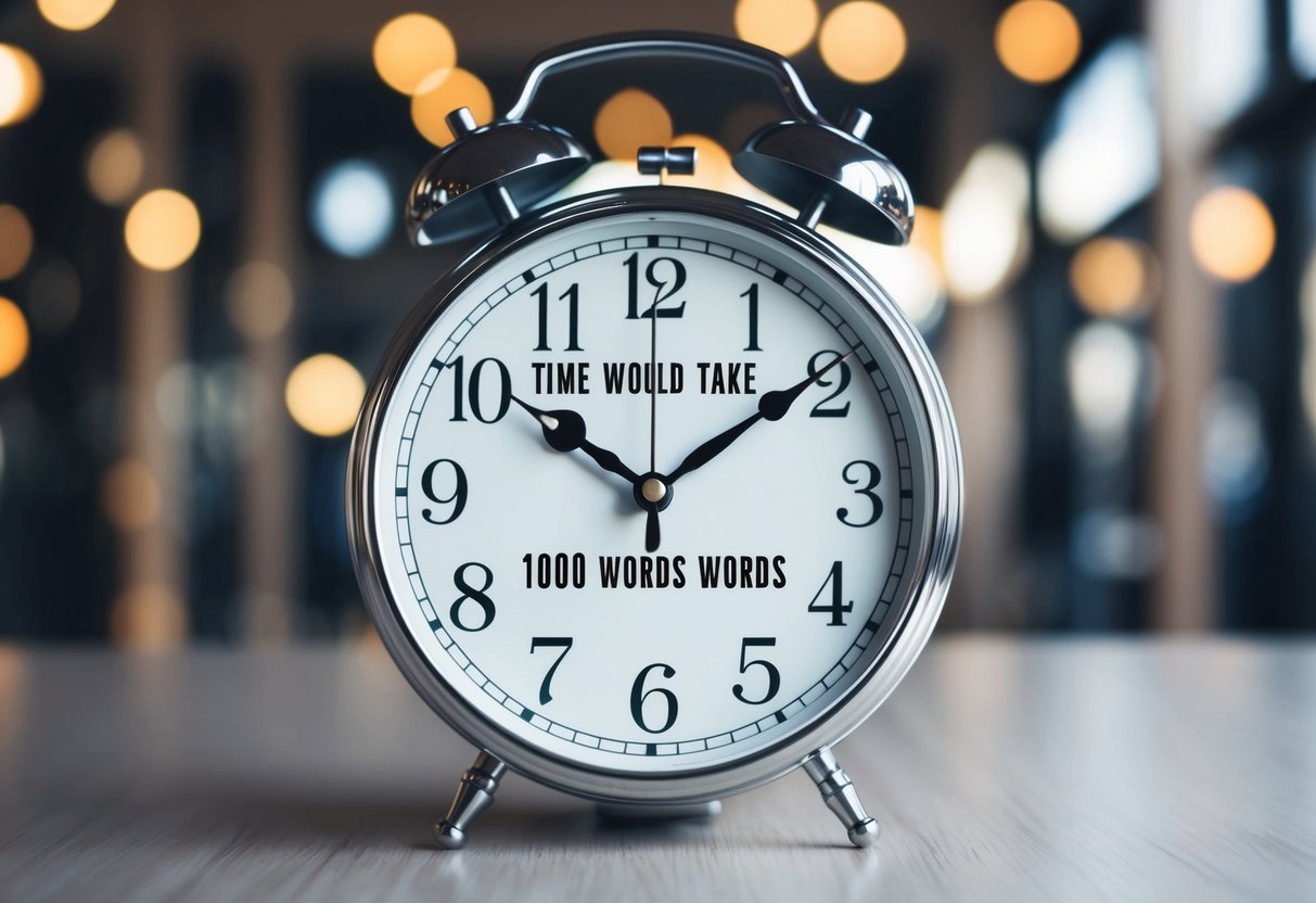 A clock with the hour and minute hands pointing to the equivalent time it would take to read 1000 words