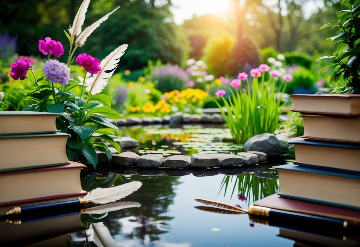 A peaceful garden with blooming flowers and a serene pond, surrounded by books and quill pens, symbolizing wisdom and inspiration