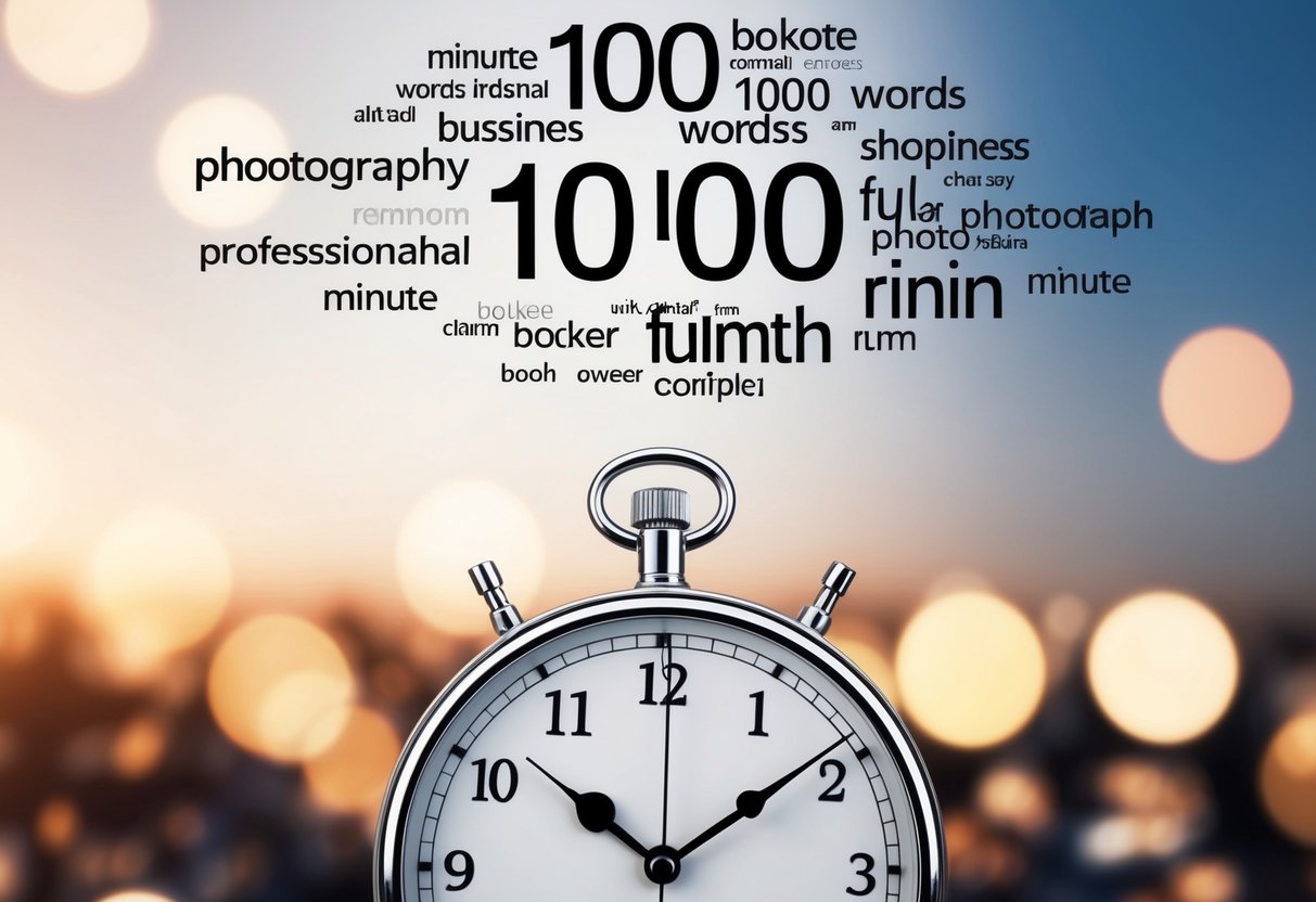 A clock with the minute hand ticking away as 1000 words float above it