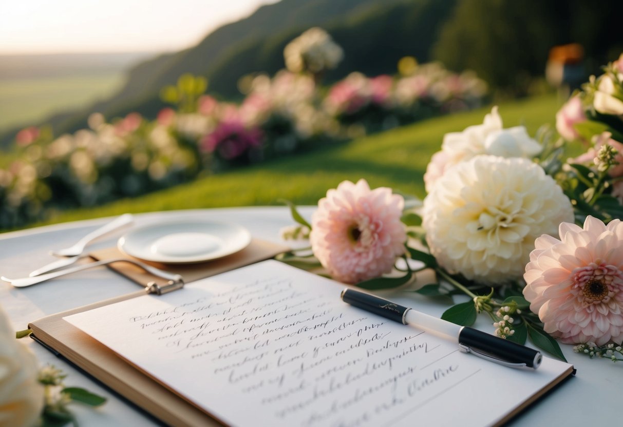 A serene outdoor wedding setting with a calligraphy pen and paper, surrounded by blooming flowers and a picturesque landscape
