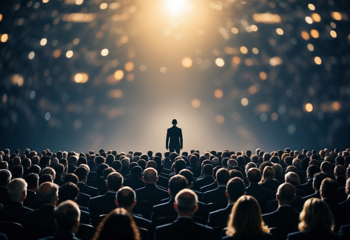 A lone figure stands before a vast audience, their words echoing through the air, stirring emotions and igniting passion in the hearts of those who listen