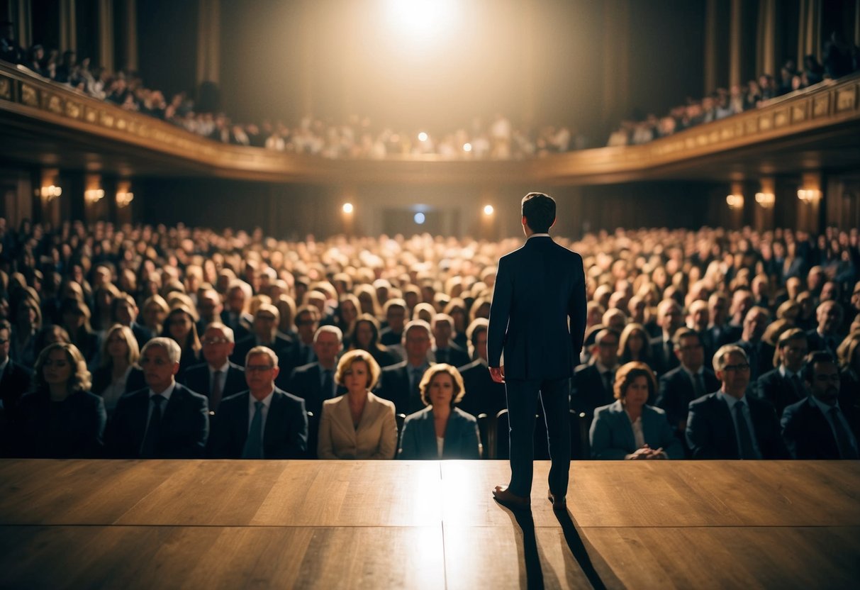 A lone figure stands before a sea of faces, their voice echoing through the grand hall, evoking passion and emotion in the audience