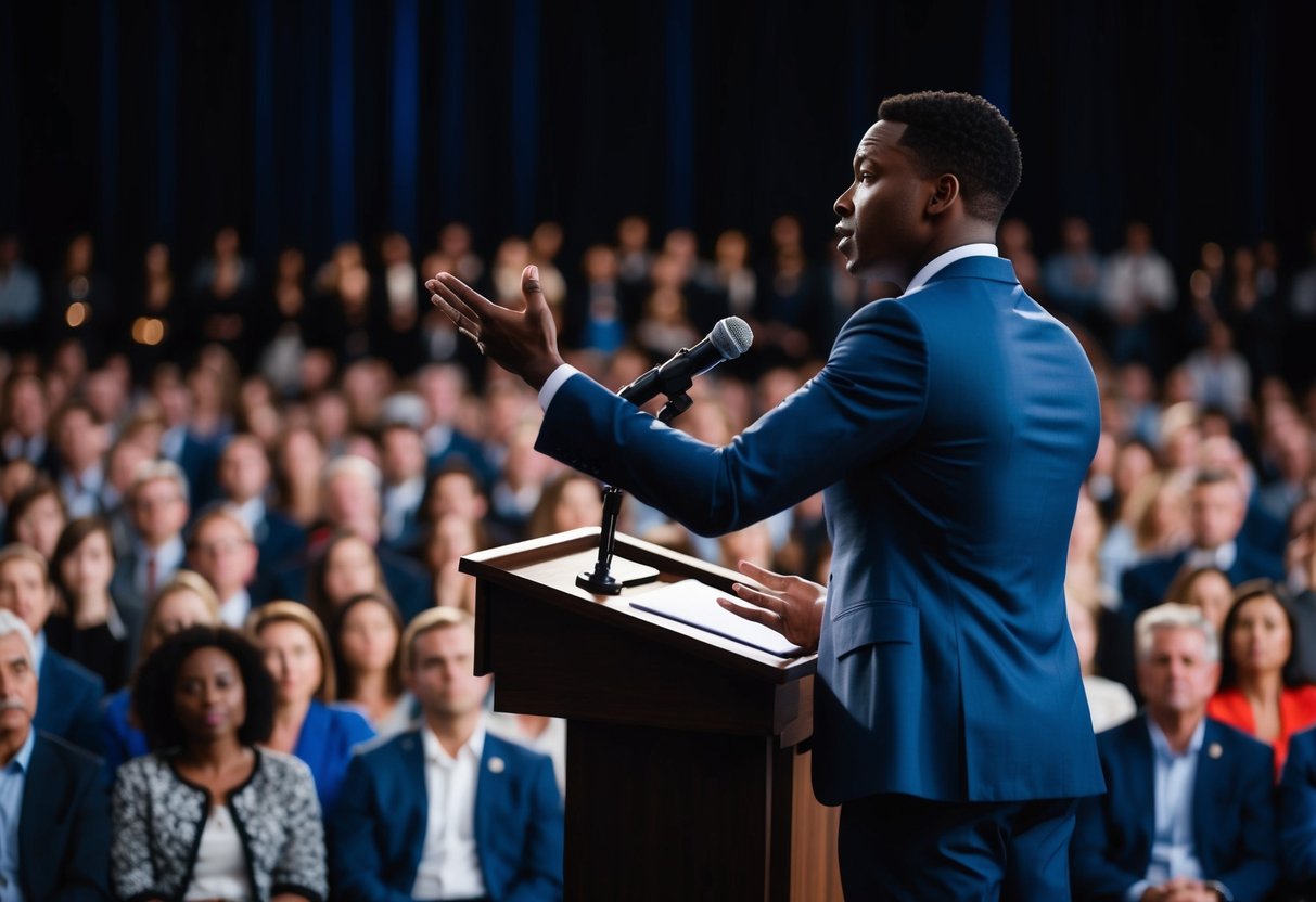 A figure stands at a podium, commanding attention with their confident posture and expressive gestures. The audience is captivated, hanging on every word