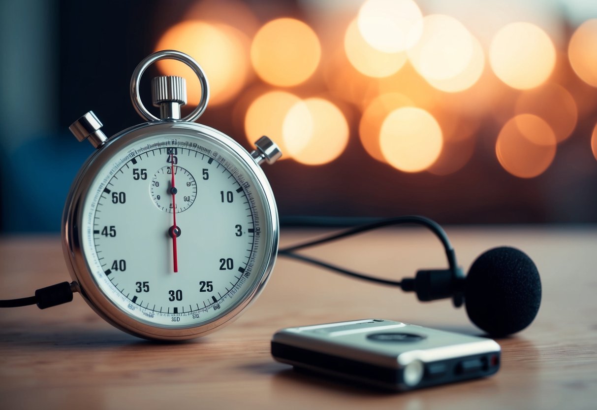 A stopwatch showing 30 seconds passing while a voice recorder captures speech