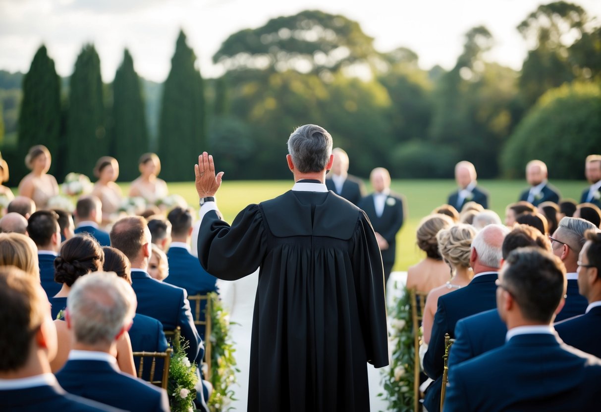 A figure stands at the front of a wedding ceremony, raising a hand to signal for silence. The crowd turns their attention to the officiant, who speaks with authority and grace