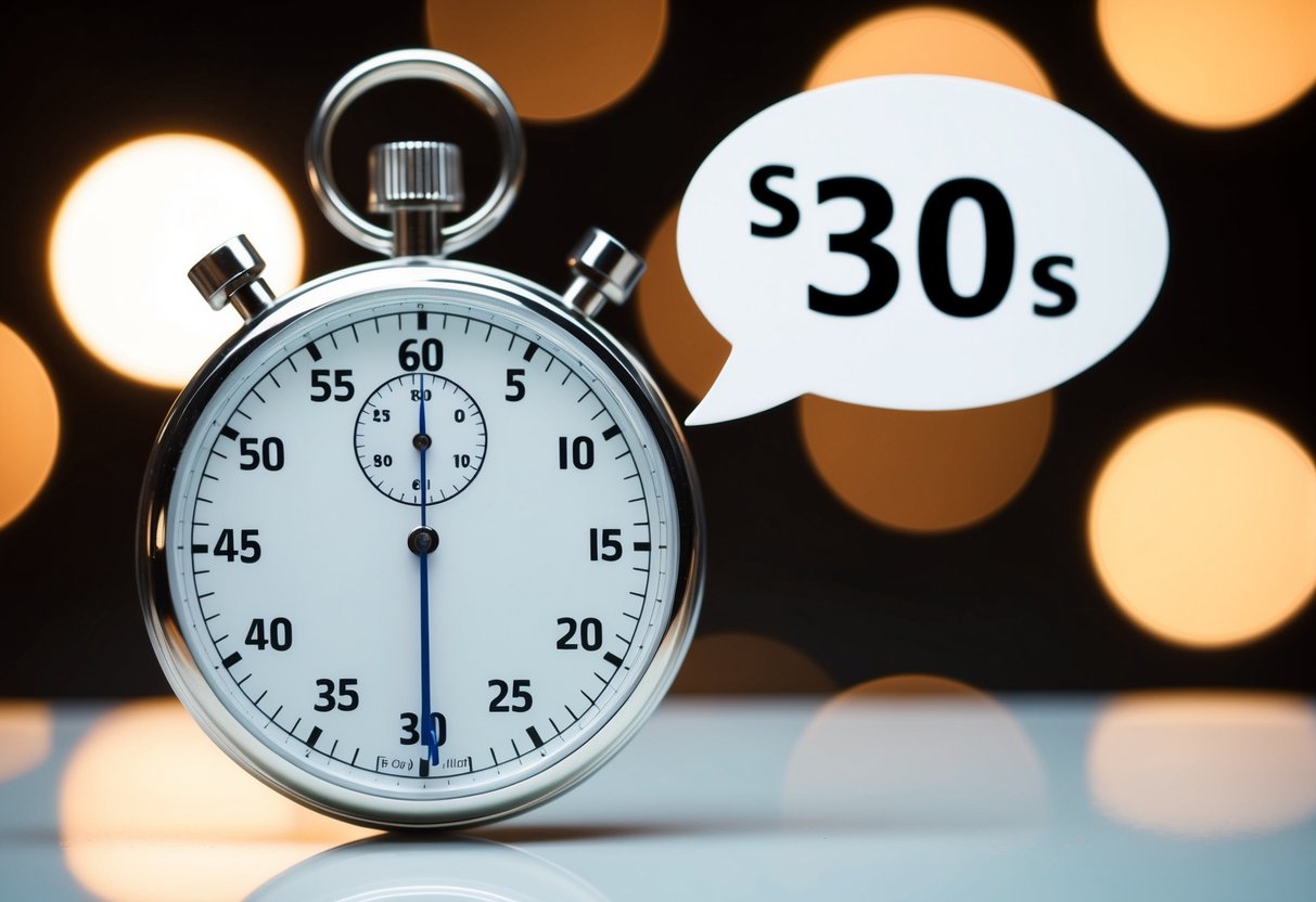 A stopwatch showing 30 seconds with a speech bubble