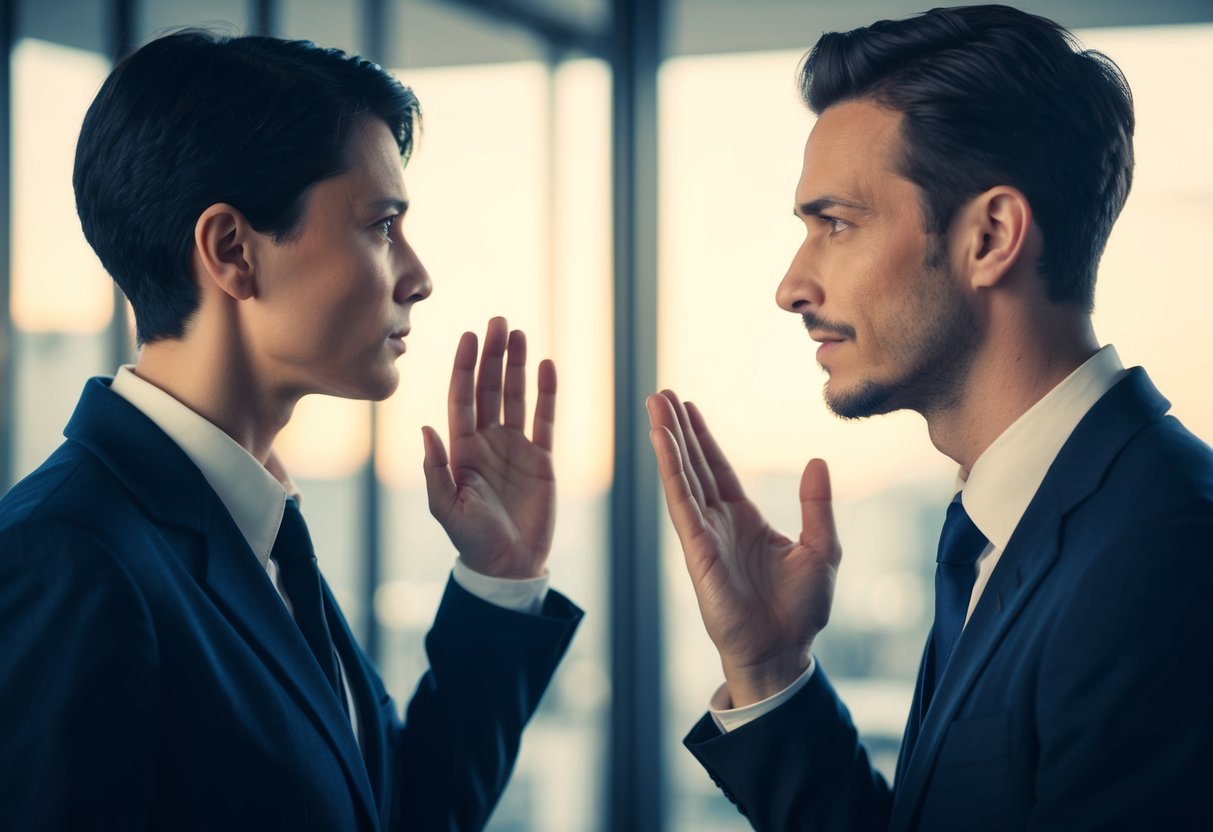 Two figures facing each other, one with a raised hand in objection, the other with a calm expression, gesturing to listen