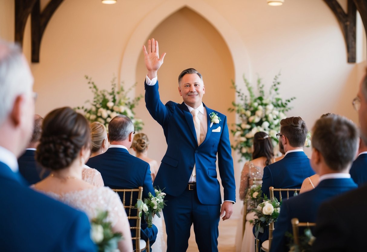 A person standing up in the middle of a wedding ceremony, raising their hand to get everyone's attention