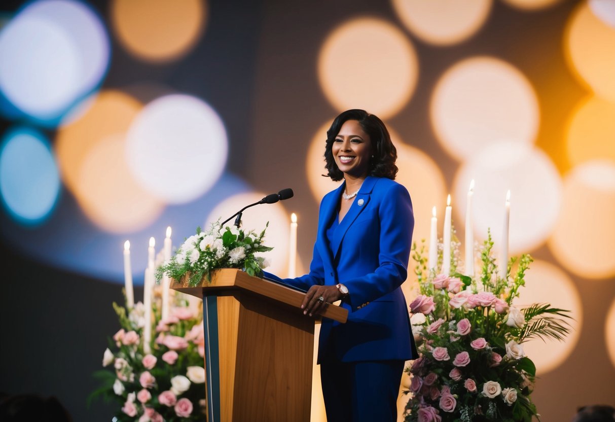A person standing at a podium with a smile, surrounded by flowers and candles, speaking confidently