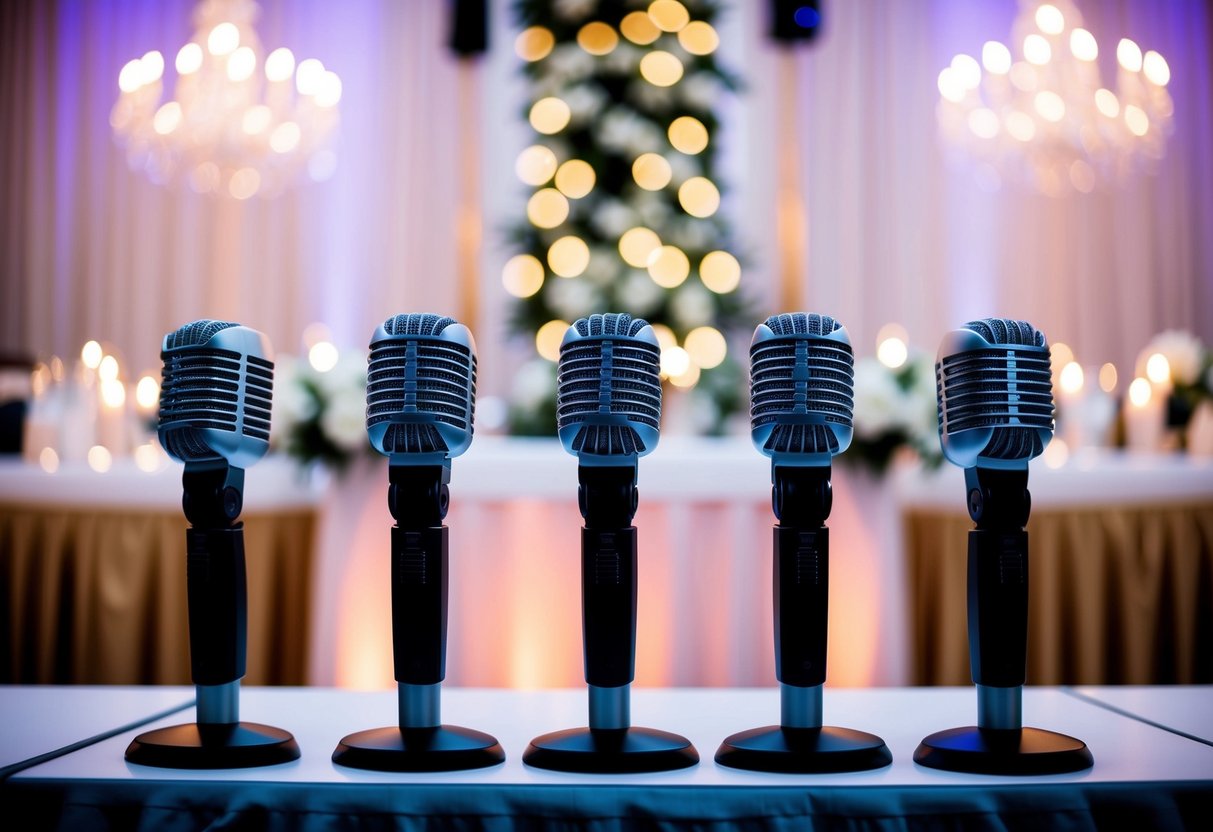 A group of five microphones set up on a stage in a decorated wedding venue