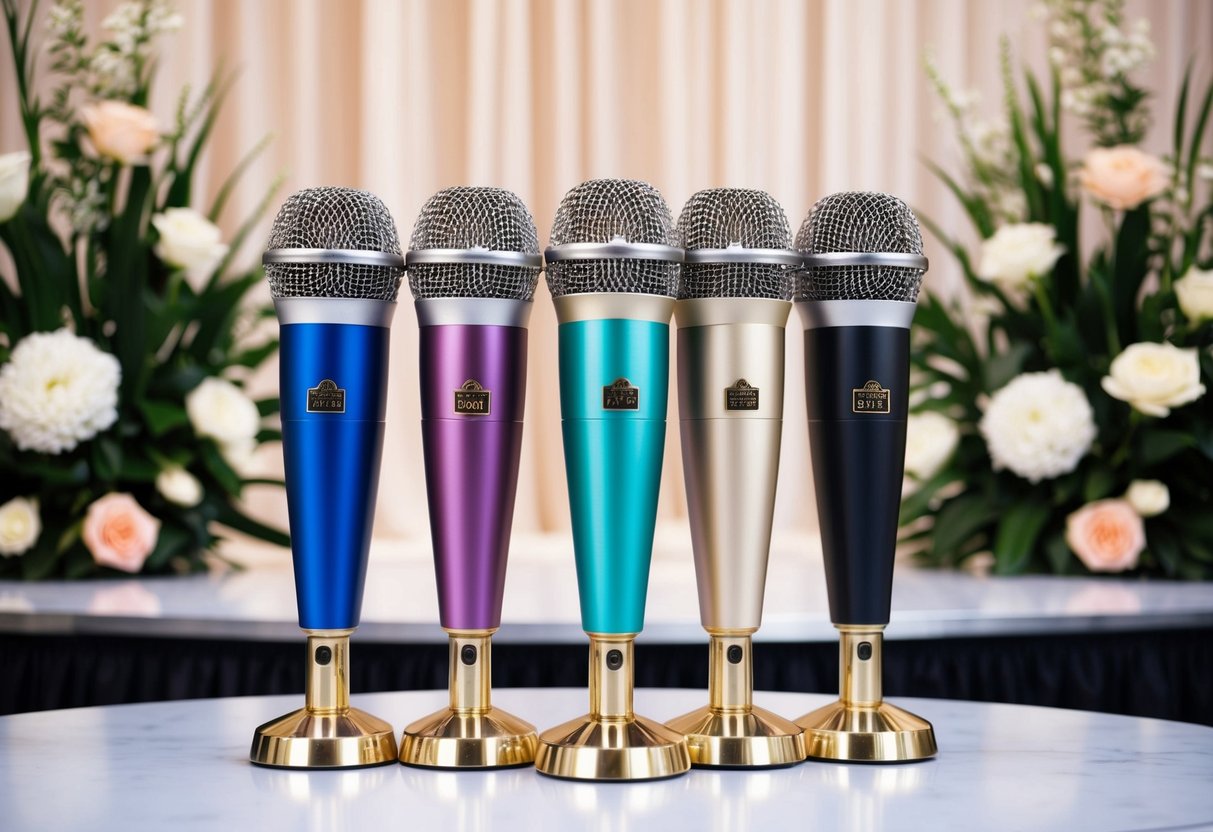 A group of five microphones set up on a stage, each with a different color and design, surrounded by elegant floral decorations