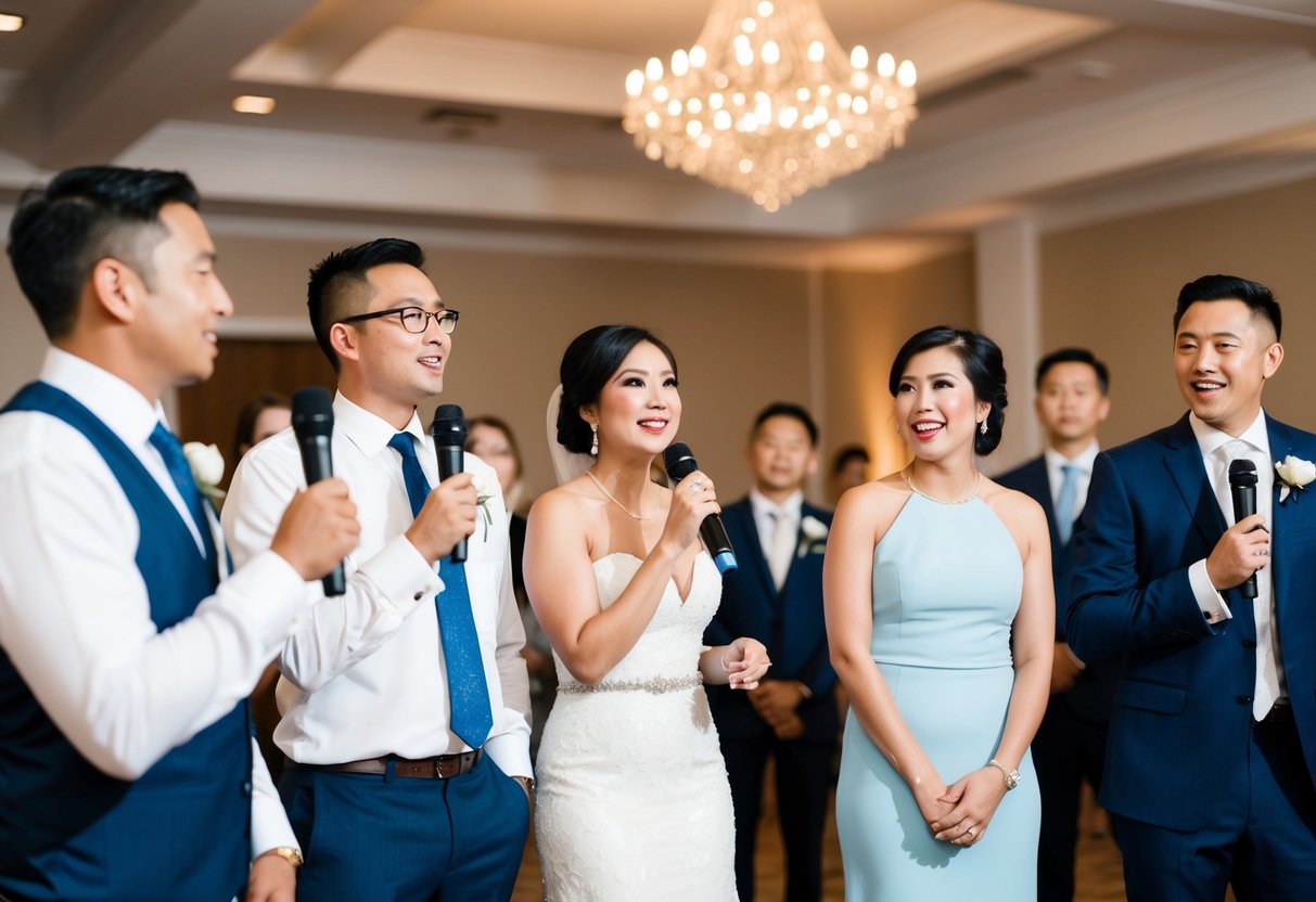 A group of five individuals standing at a wedding reception, each holding a microphone and speaking spontaneously, while guests listen and react