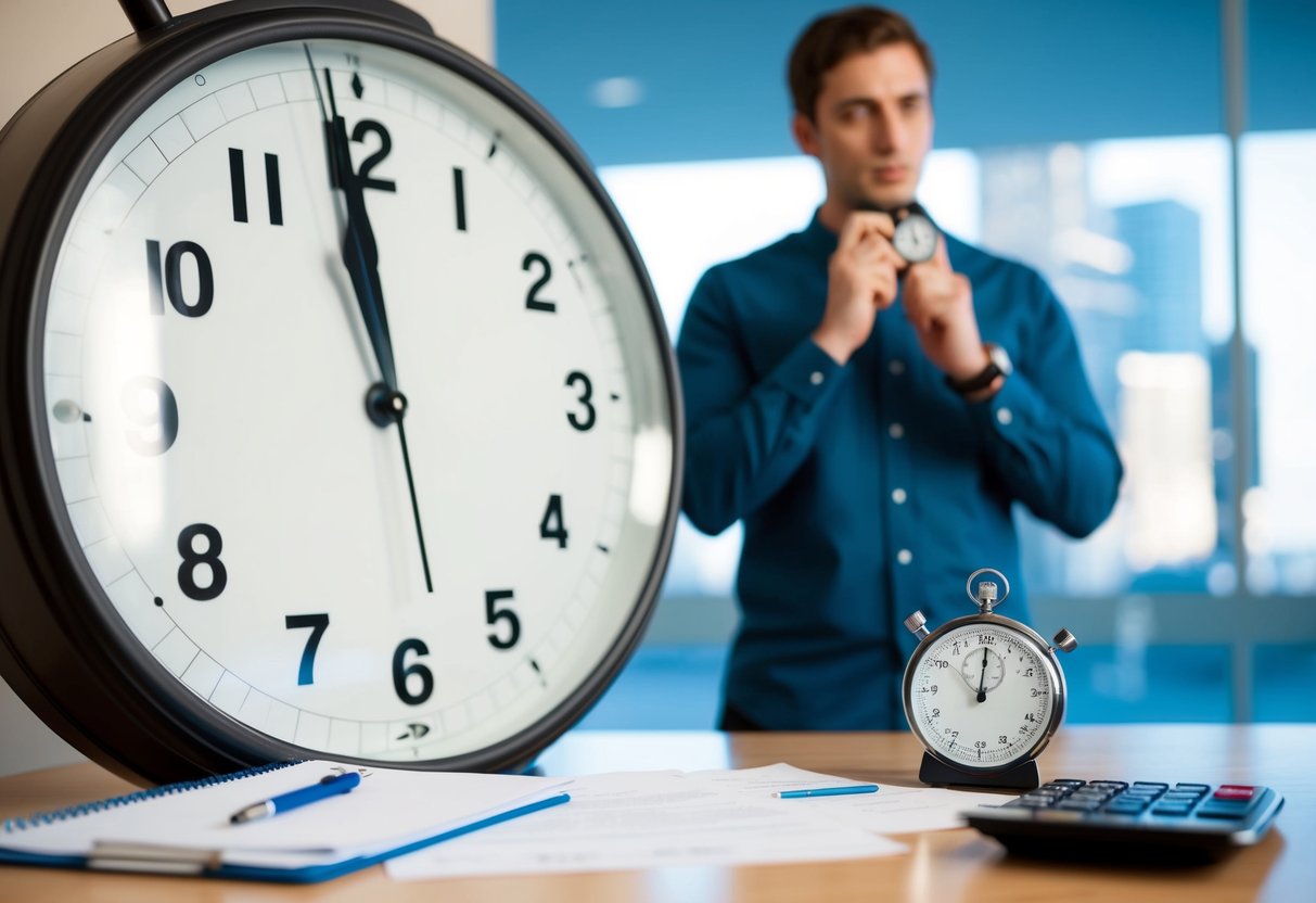 A person standing in front of a clock, holding a stopwatch and looking thoughtful. Papers with notes and a calculator are spread out on a table nearby