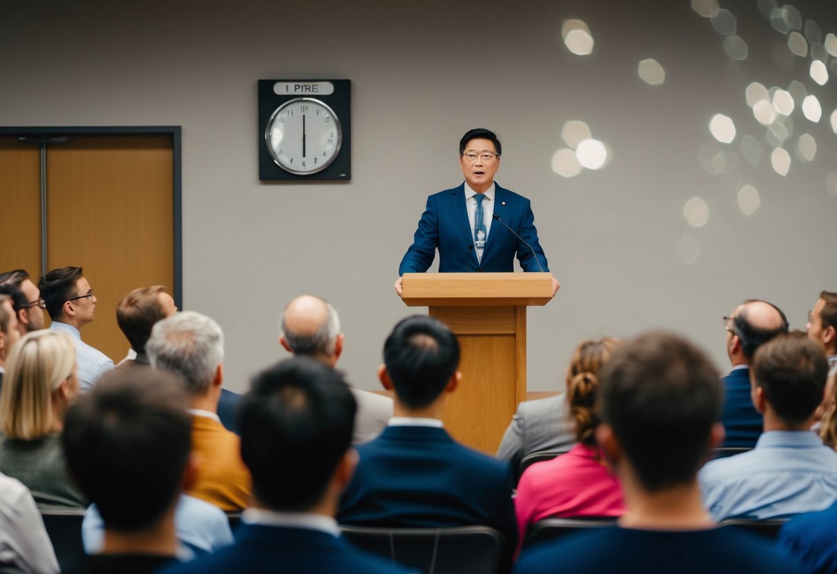 A person stands at a podium, addressing a crowd. A timer on the wall counts down from 4 minutes. The audience listens intently