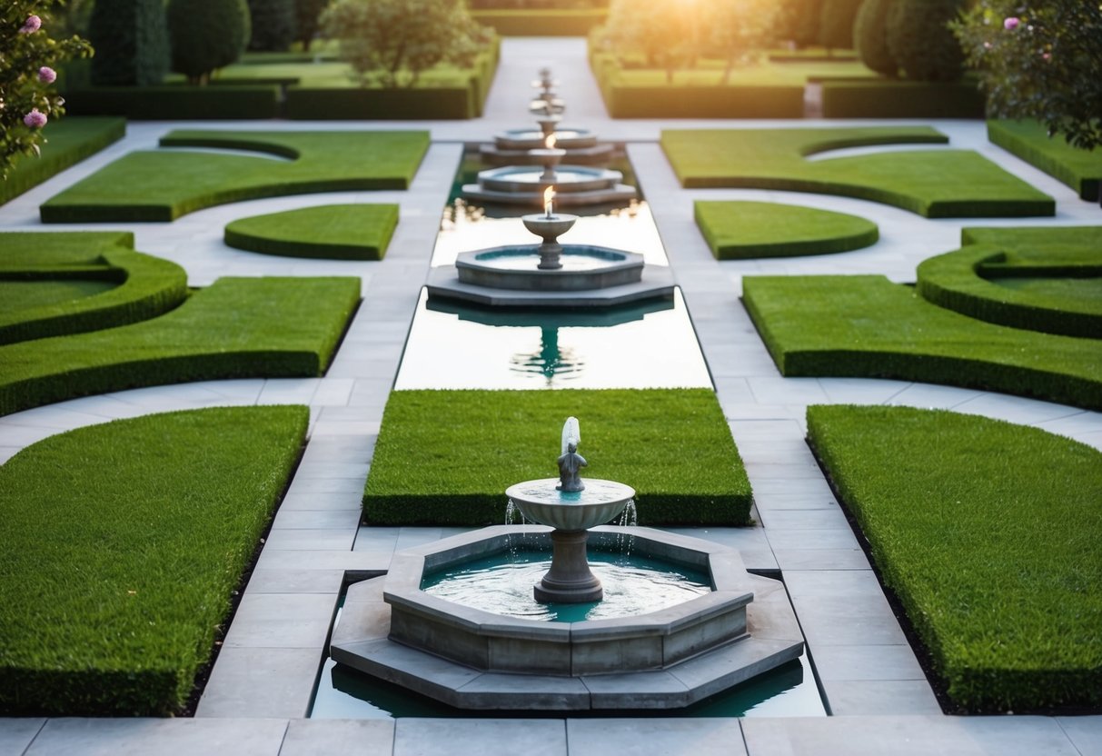 A serene garden with seven interconnected paths leading to a central fountain, symbolizing the principles of successful marriage