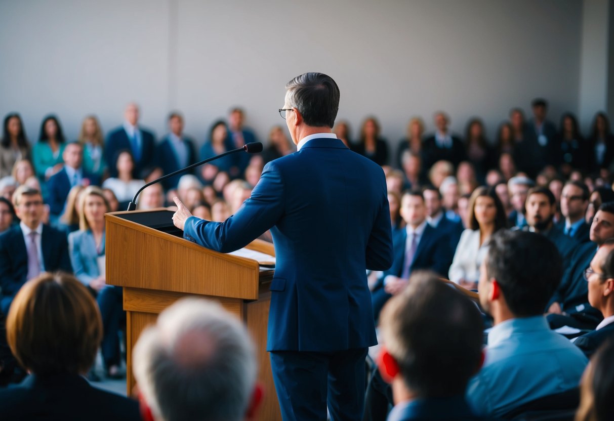 A person standing at a podium, speaking to a small crowd. The audience listens attentively as the speaker delivers a 350-word speech