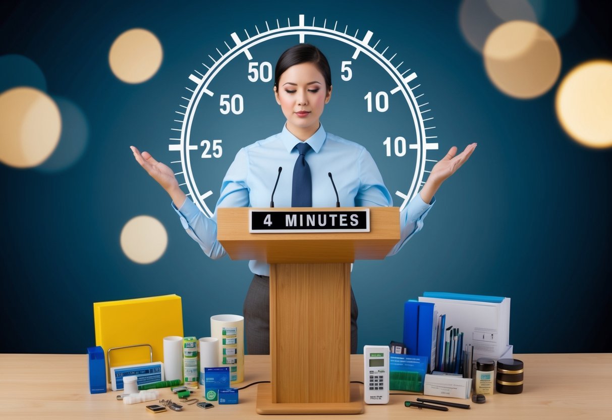 A person standing at a podium with a timer counting down from 4 minutes, surrounded by various conversion tools and additional resources
