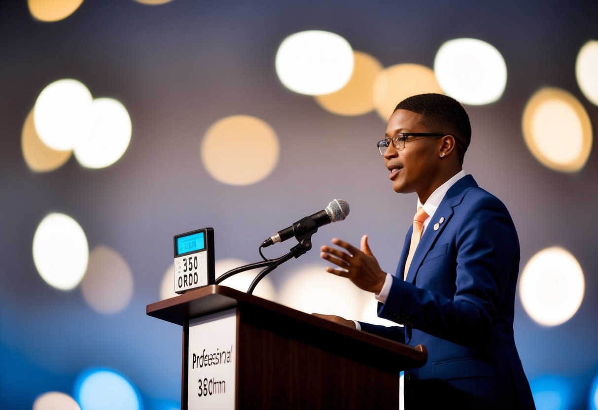A person standing at a podium, speaking into a microphone with a timer visible, showing 350 words spoken