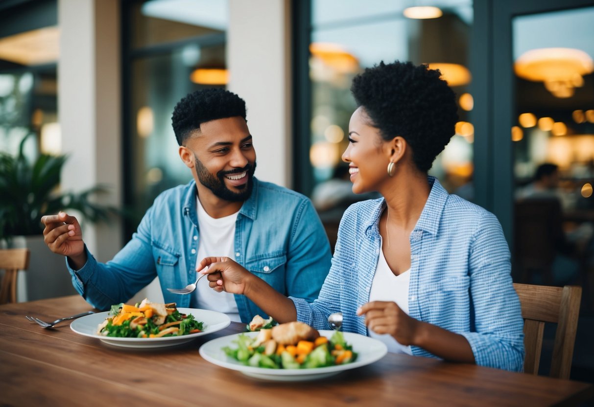 A couple sitting at a table, sharing a meal. Both are engaged in conversation, listening to each other attentively with open body language