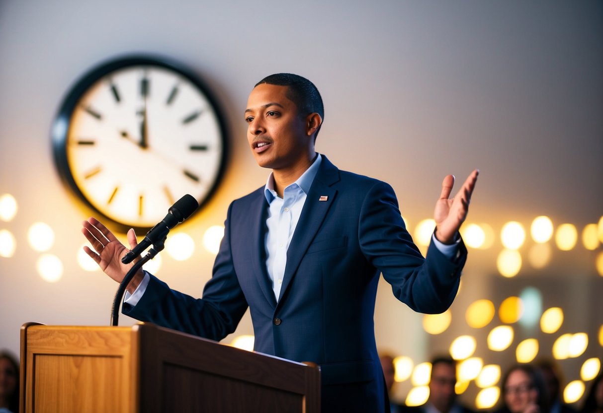 A person standing at a podium, speaking to an audience, with a clock in the background showing the passage of time